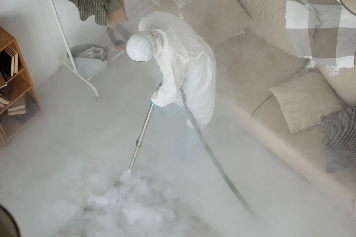 Biohazard cleanup technician in protective equipment, Quail Hill, Irvine, CA